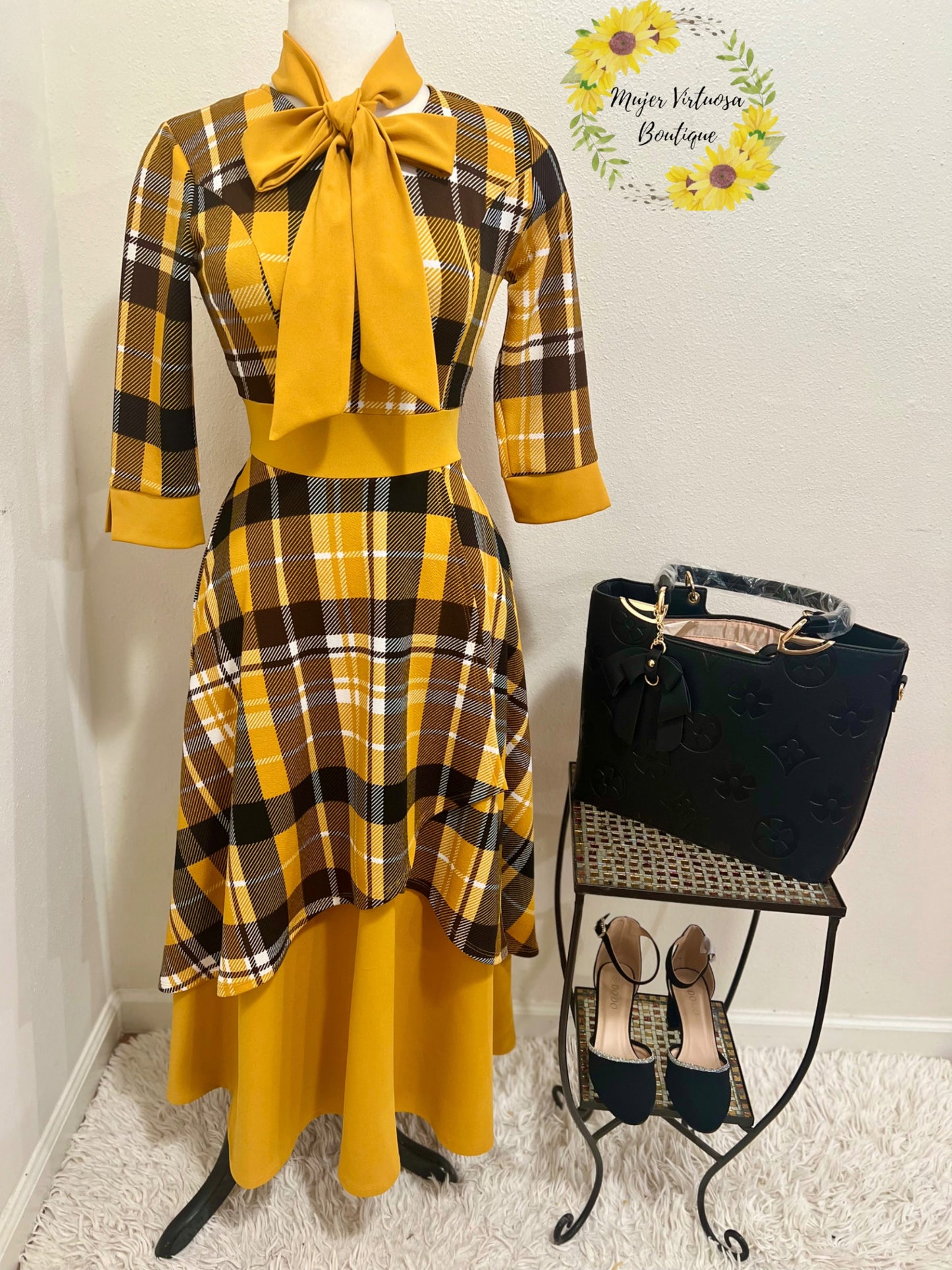 Oriana Mustard Vintage Plaid Dress