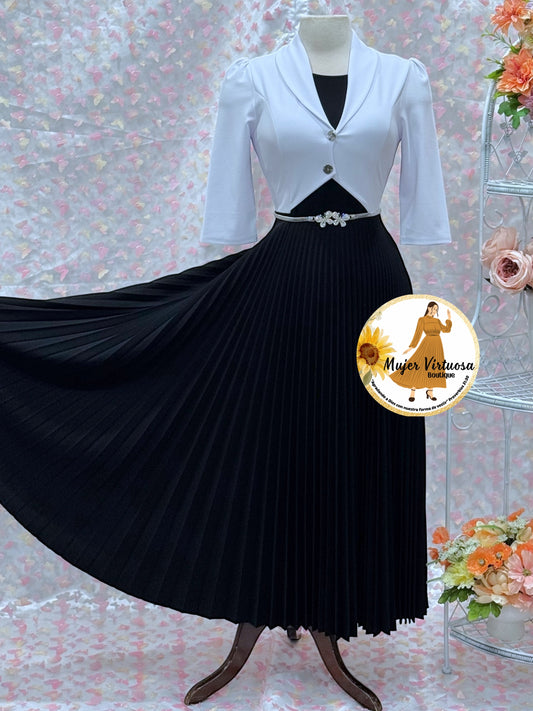 Milena White/Black Pleated Dress