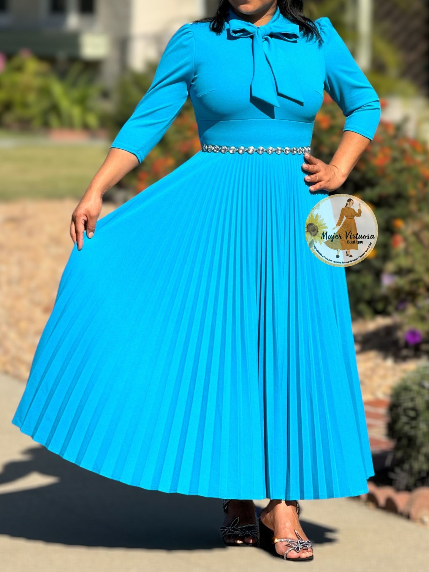 Melanie Cyan Blue Pleated Dress