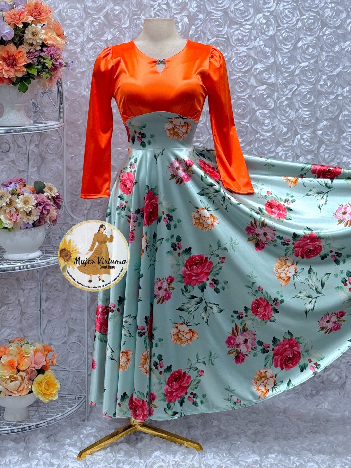 Heidi Orange/Green Satin Dress