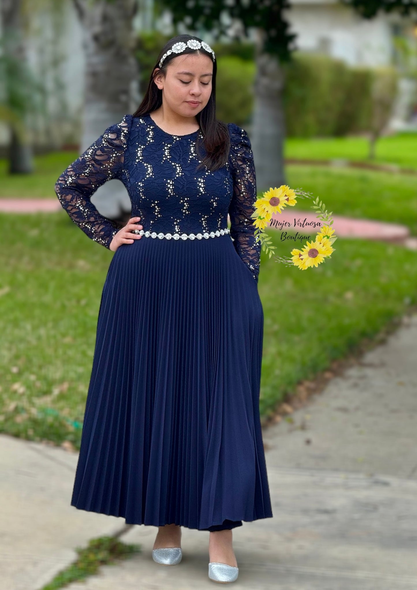 Ophelia Navy Pleated Lace Elegant Dress