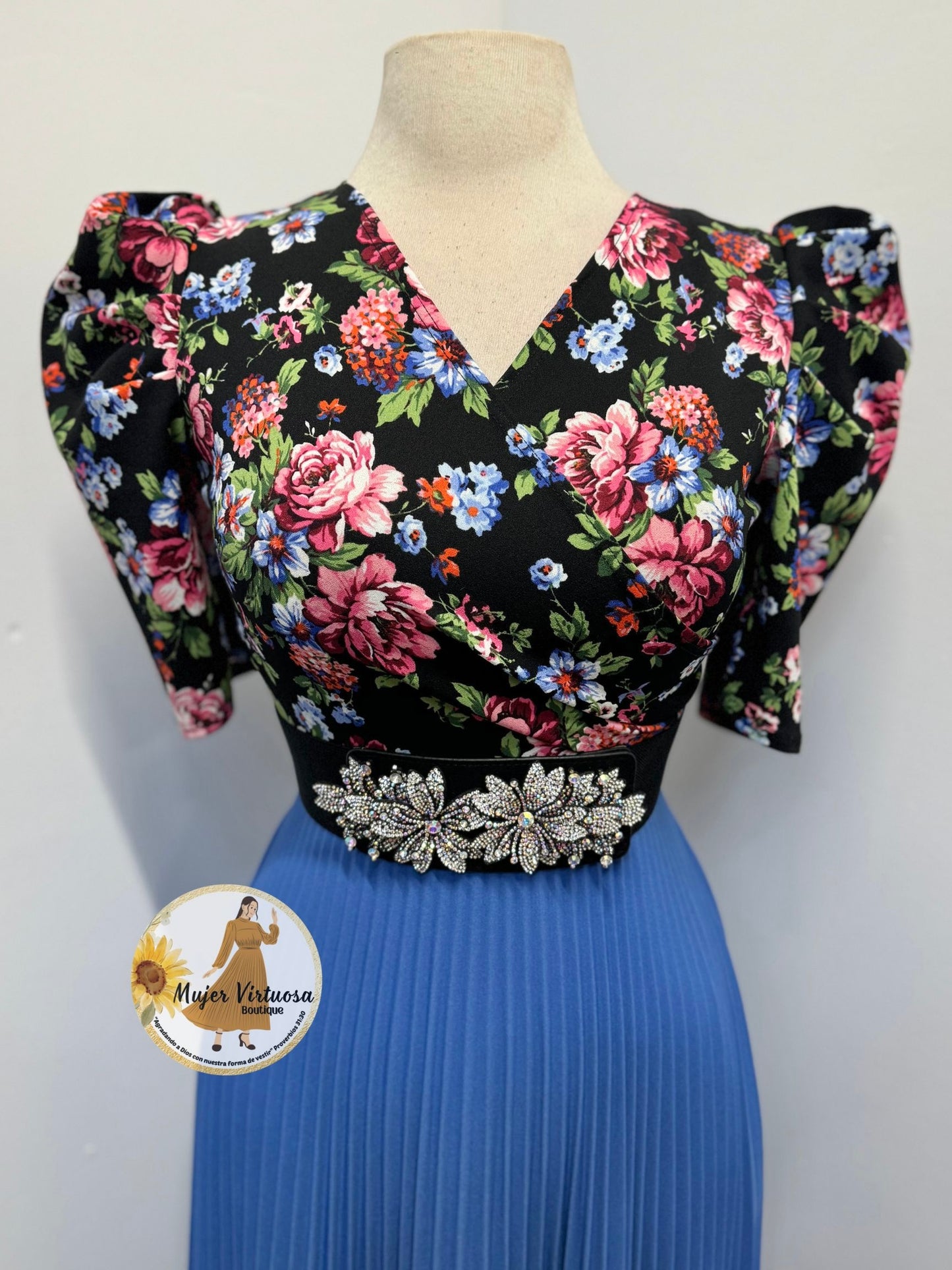 Jessica Black & Blue Floral Pleated Dress