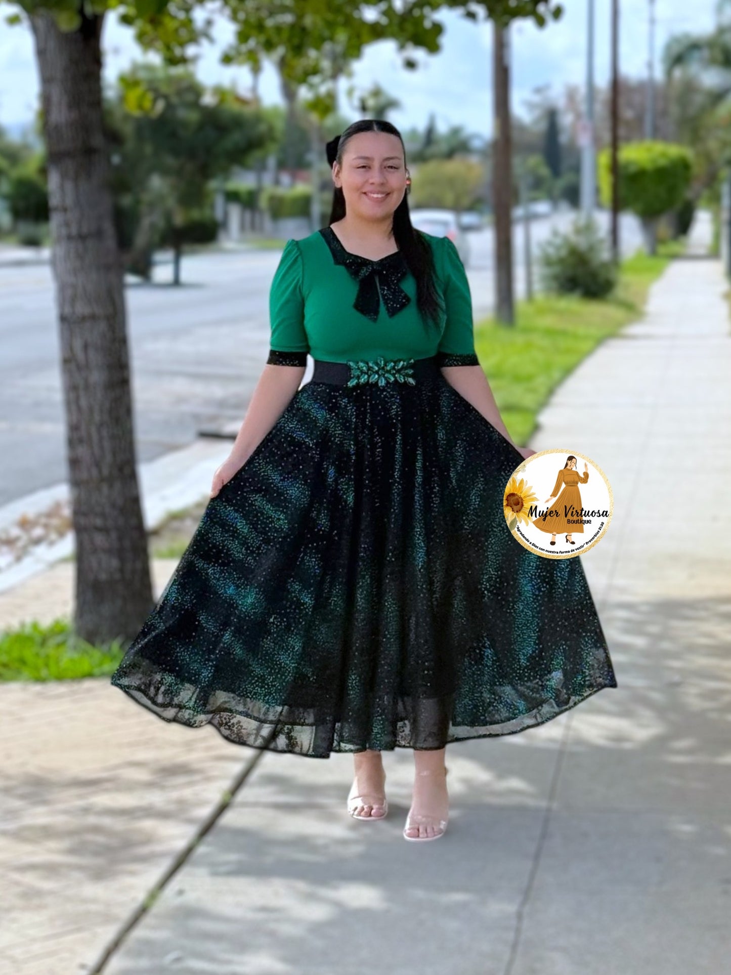 Madelyn Green Mesh Bow Dress