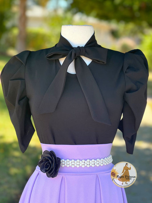 Black Solid Bow Tie Top