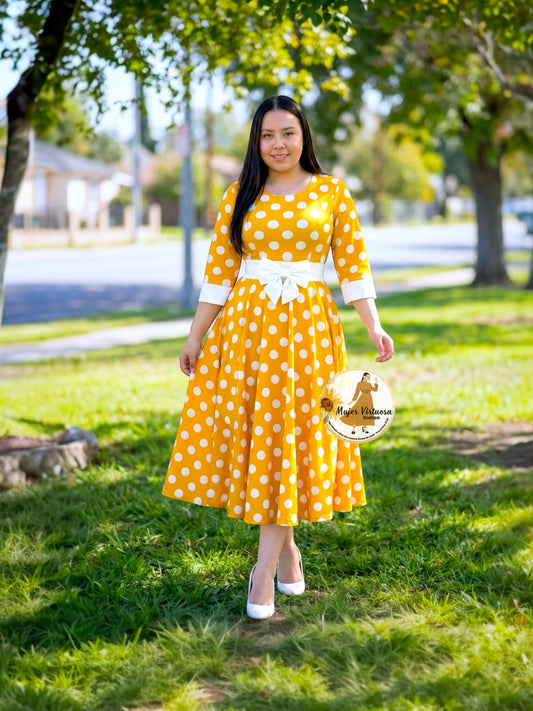 Mustard Polka Dot Midi Dress