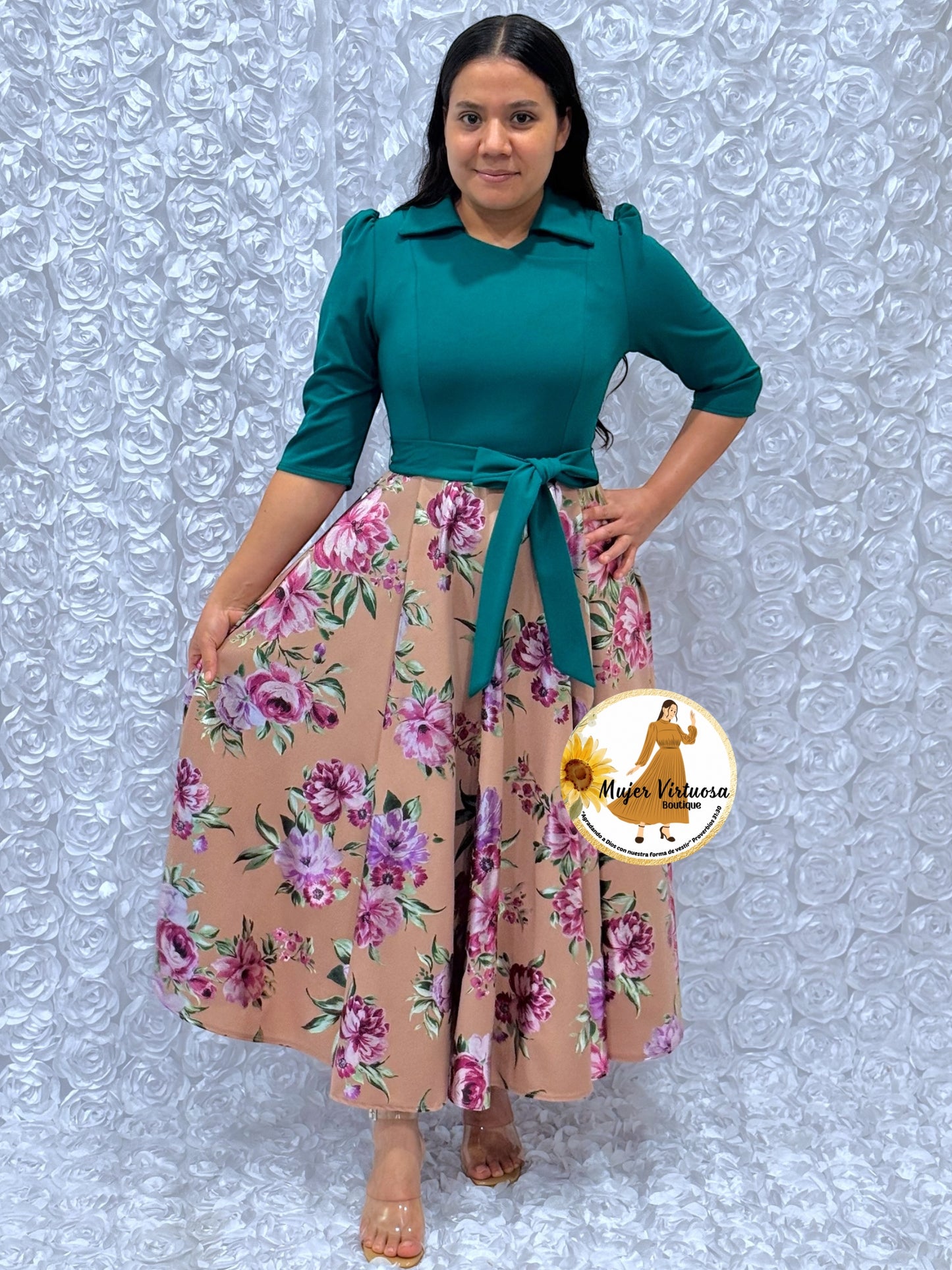 Green/Mocha Foil Floral Dress