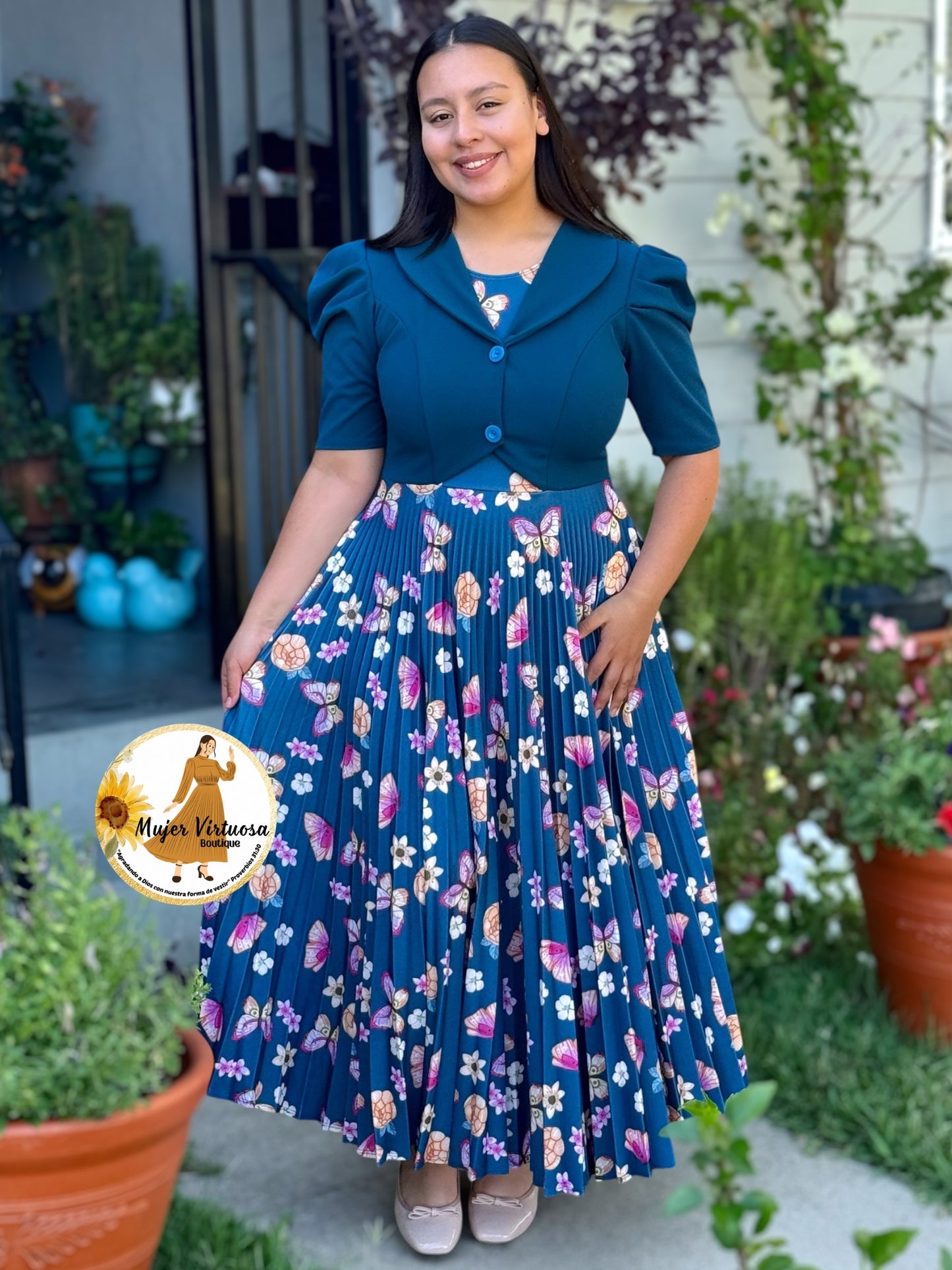 Esther Teal Butterfly Pleated Dress