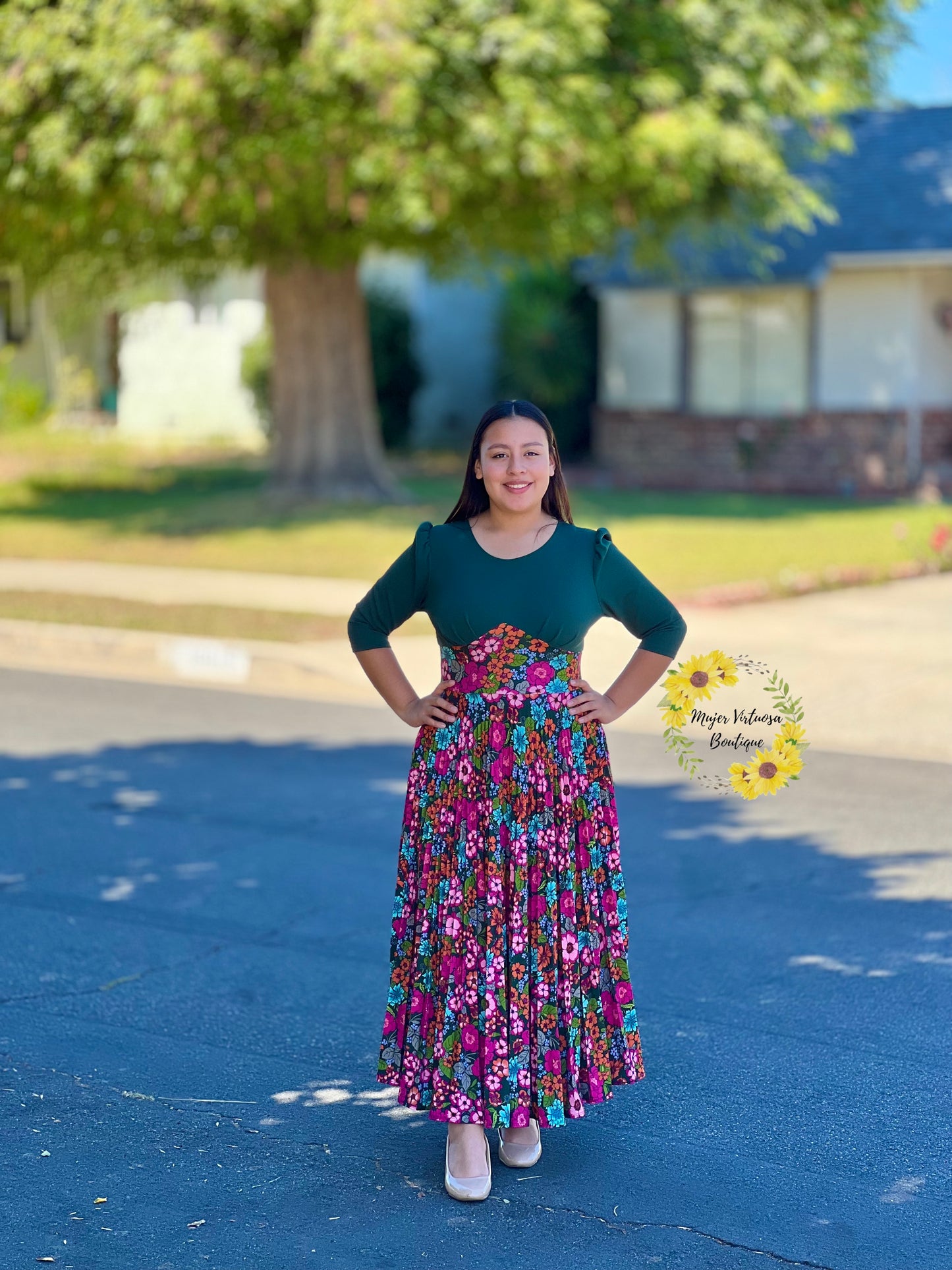 Cristel Green & Pink Floral Pleated Dress