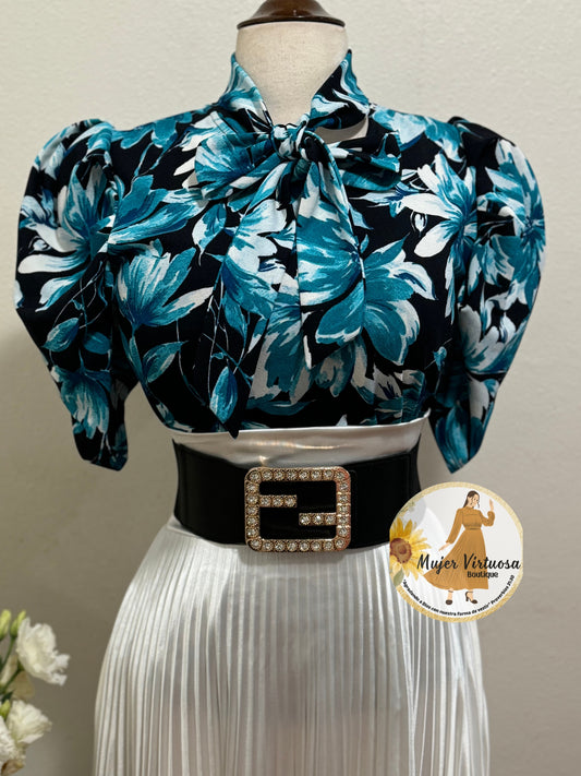 Black & Aqua Floral Bow Tie Top