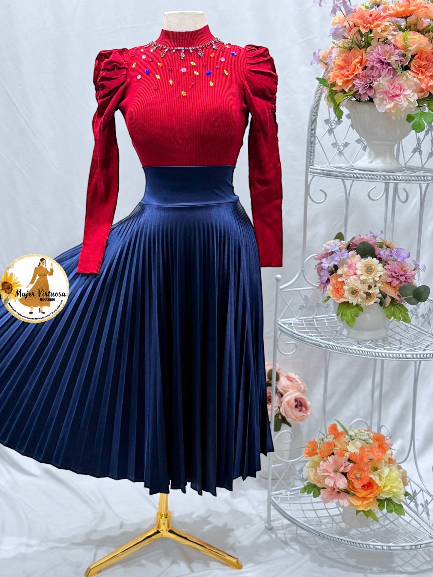 Alondra Navy Satin Pleated Skirt