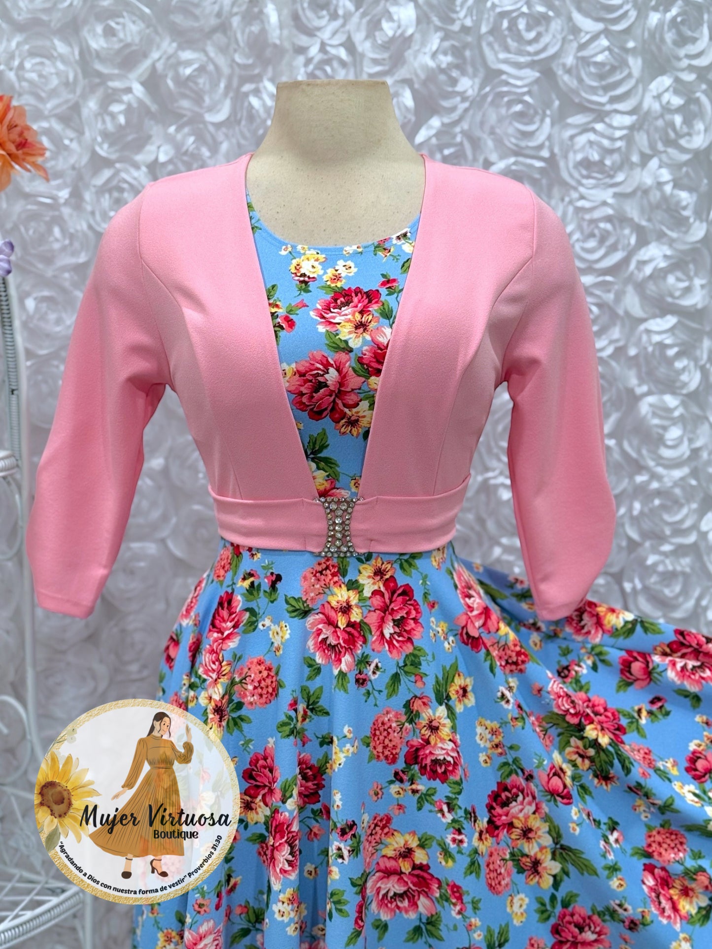 Pink/Blue Floral Midi Dress