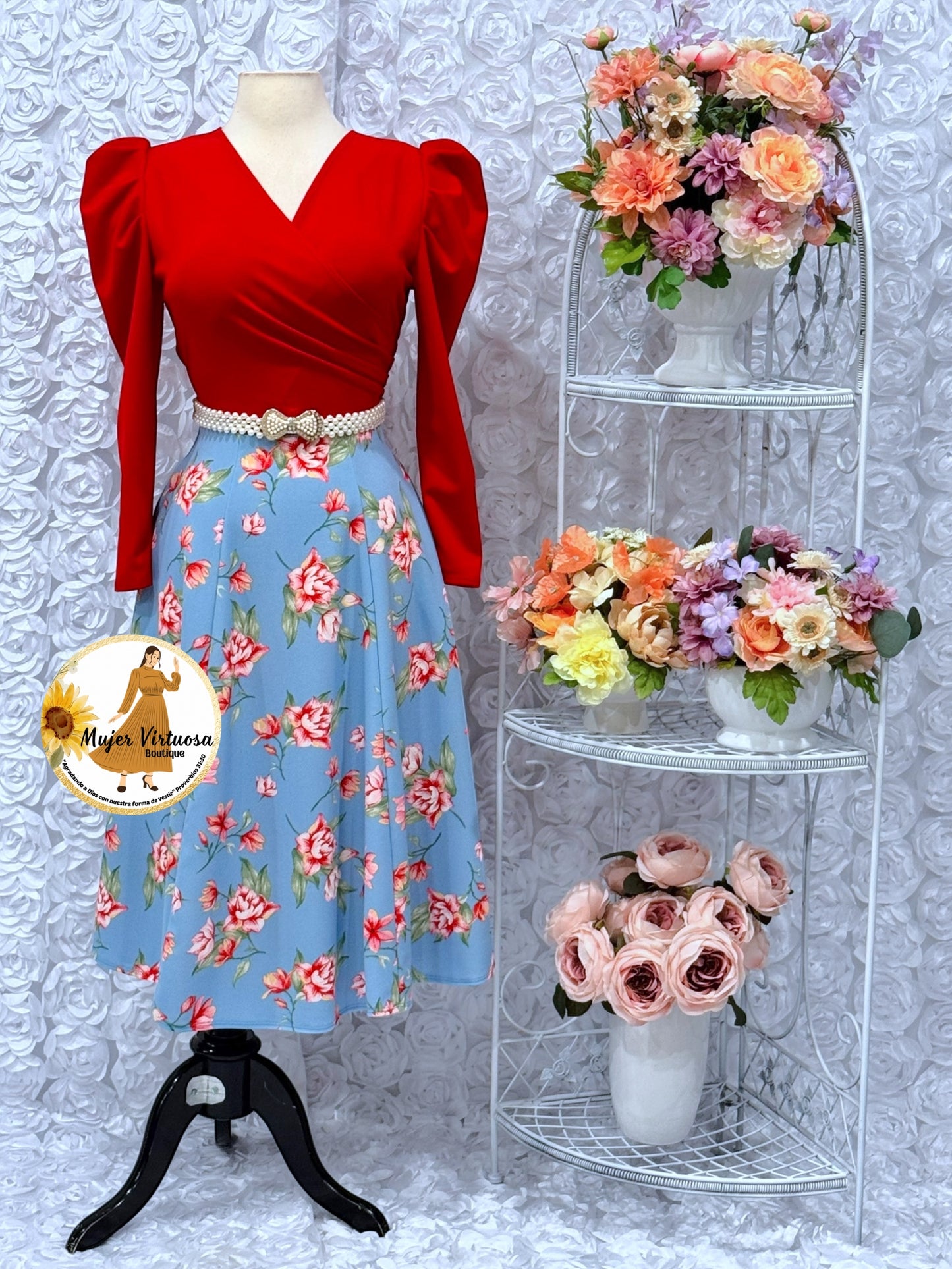 Red & Blue Floral Midi Dress – Mujer Virtuosa Boutique