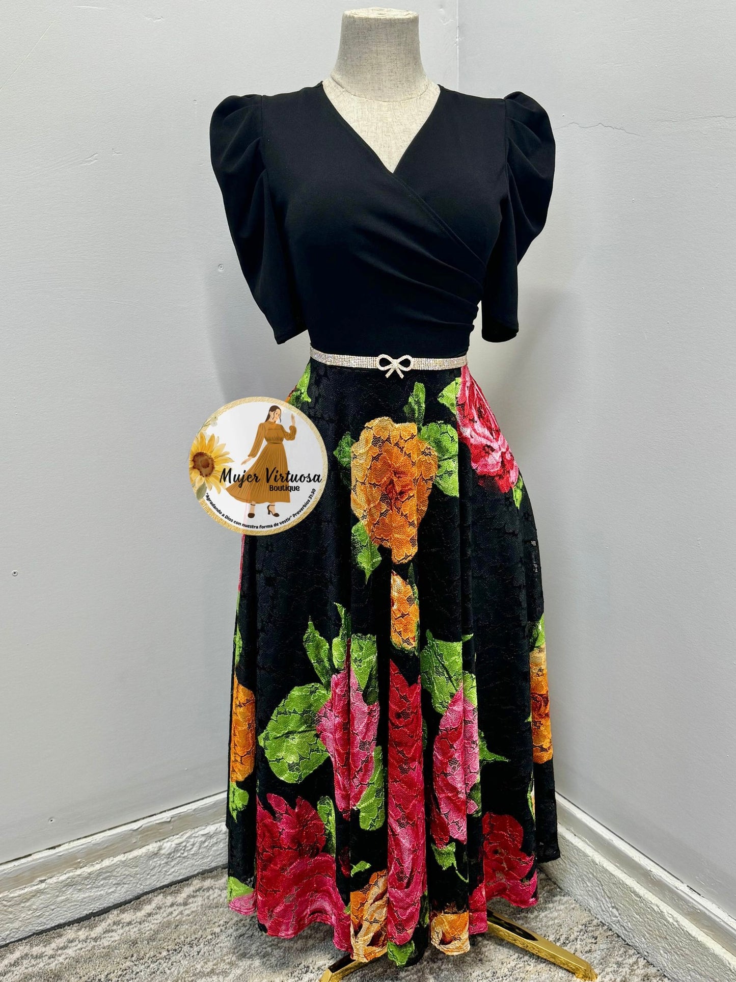 Black “Colorful Roses” Lace Dress