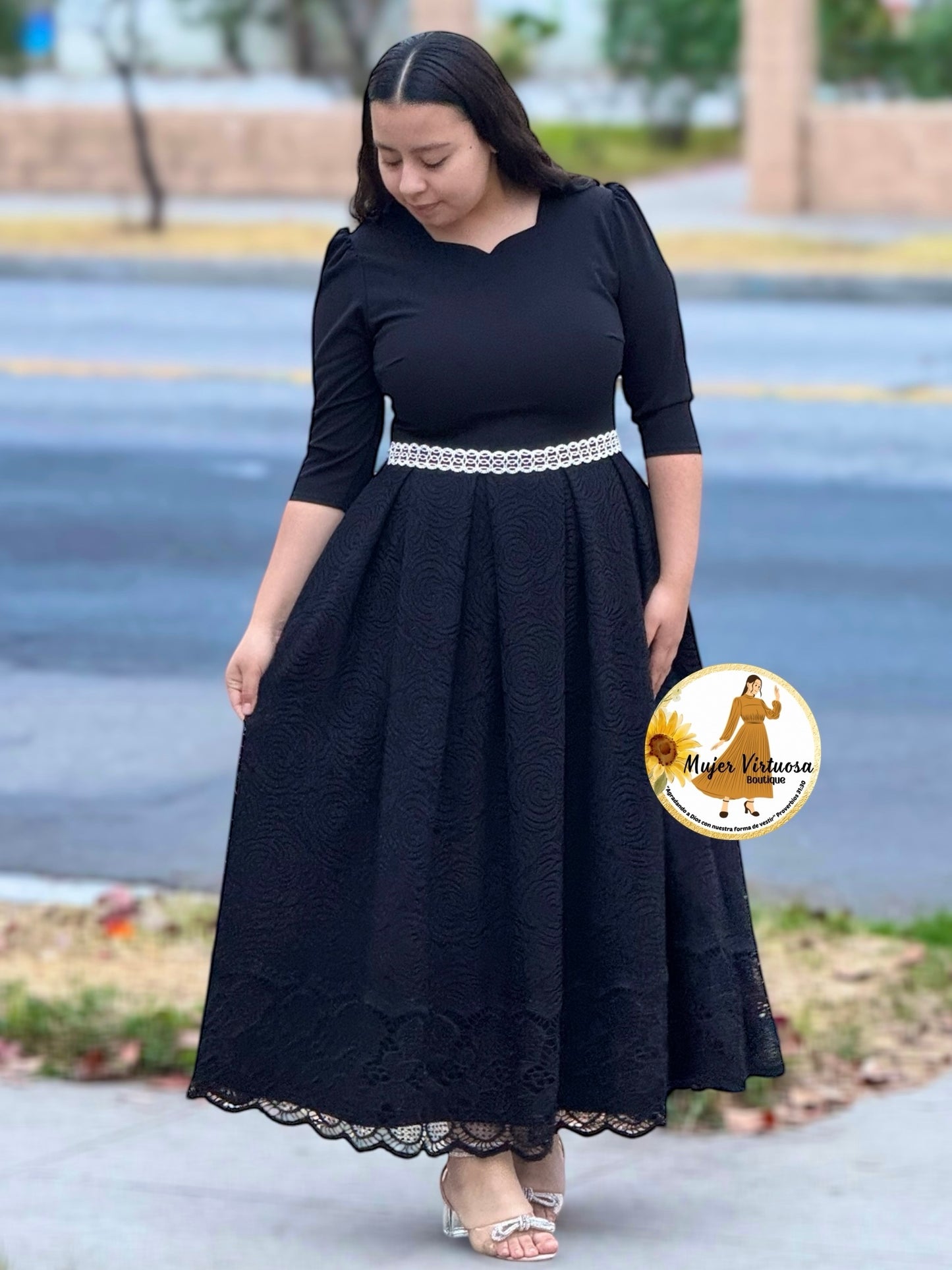 Romina All Black Lace Pleated Dress