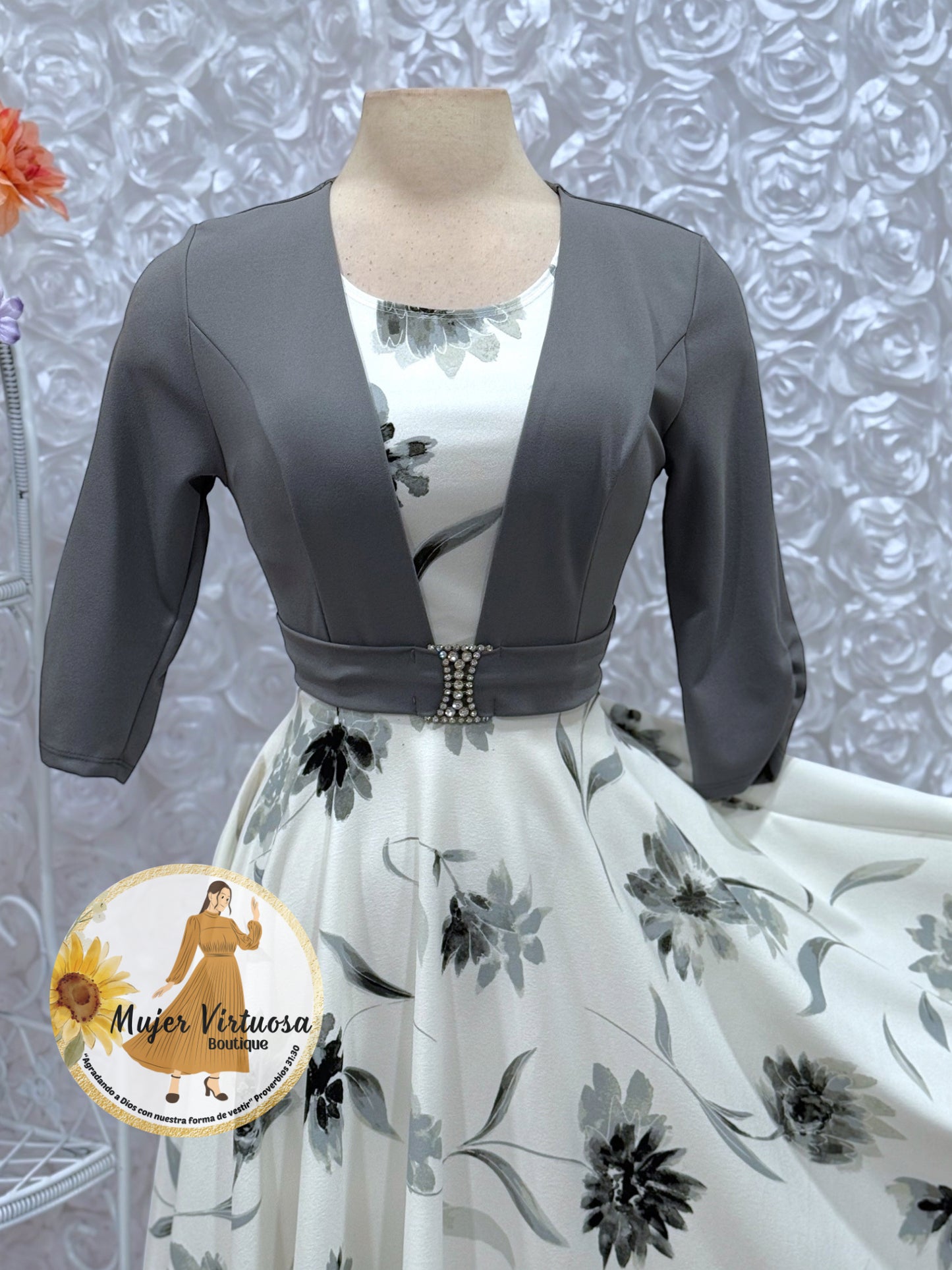 Grey/White Floral Midi Dress