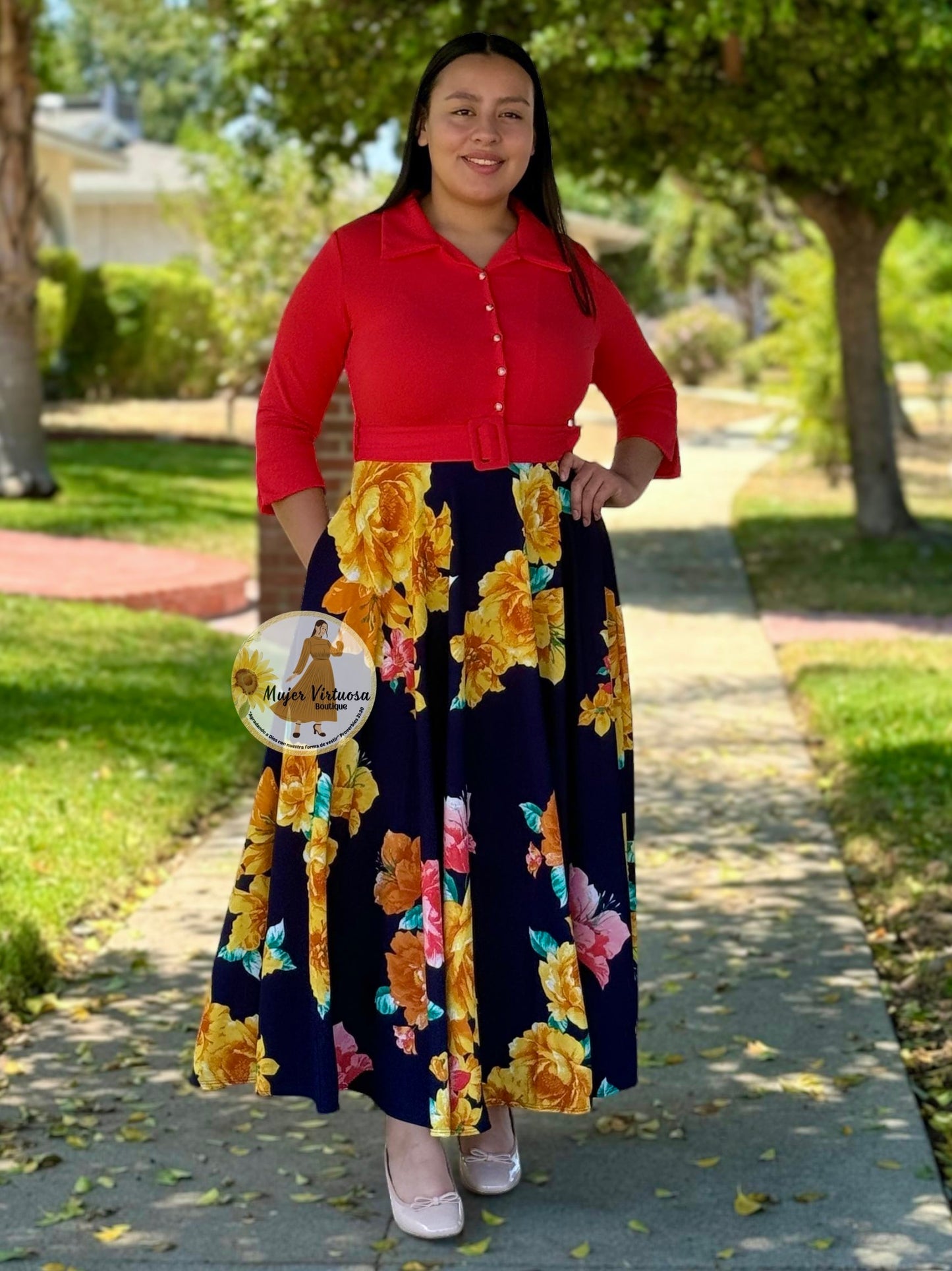 Hadassah Coral Belted Floral Dress