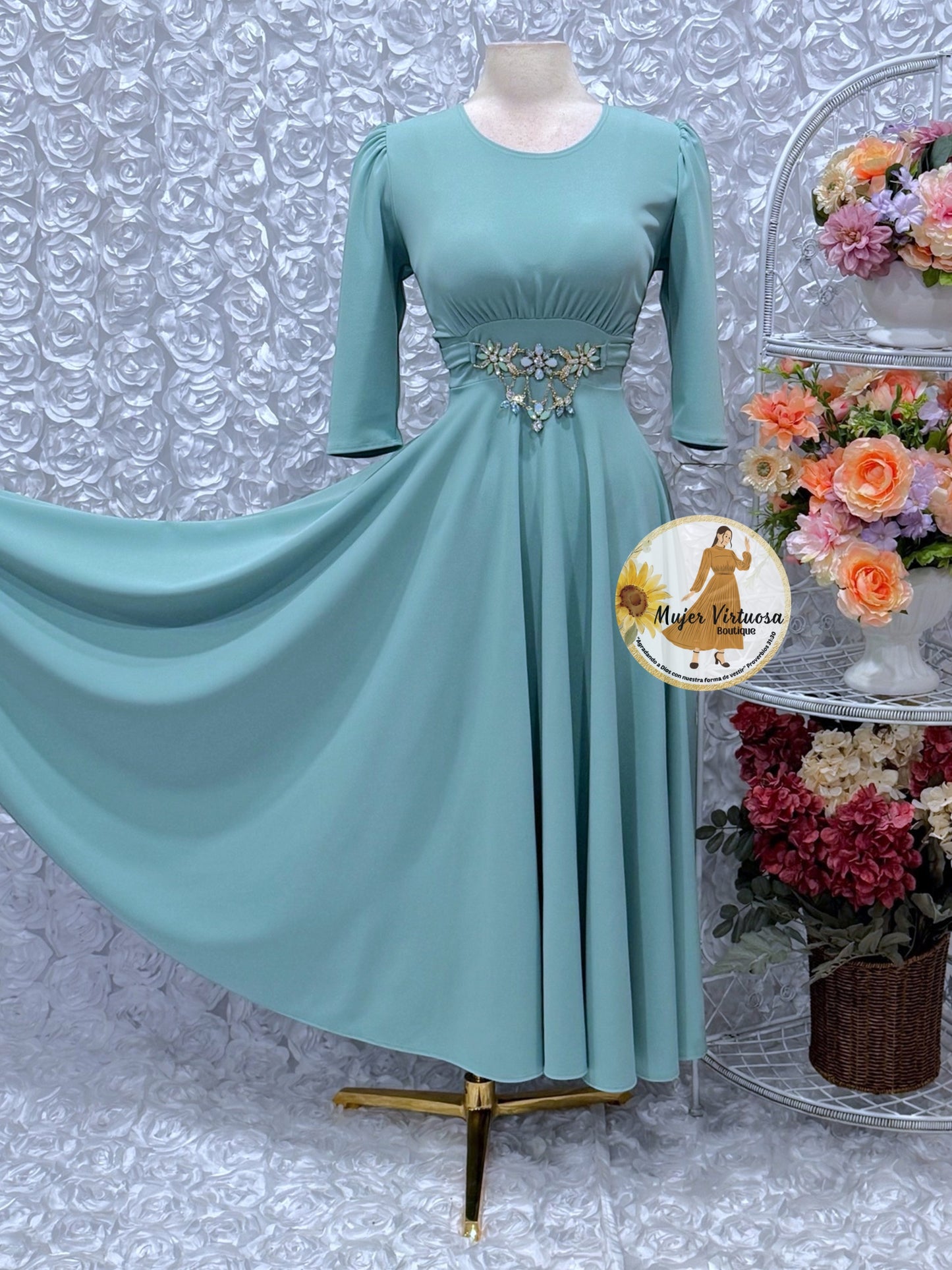 Amira Sage Elegant Belted Dress