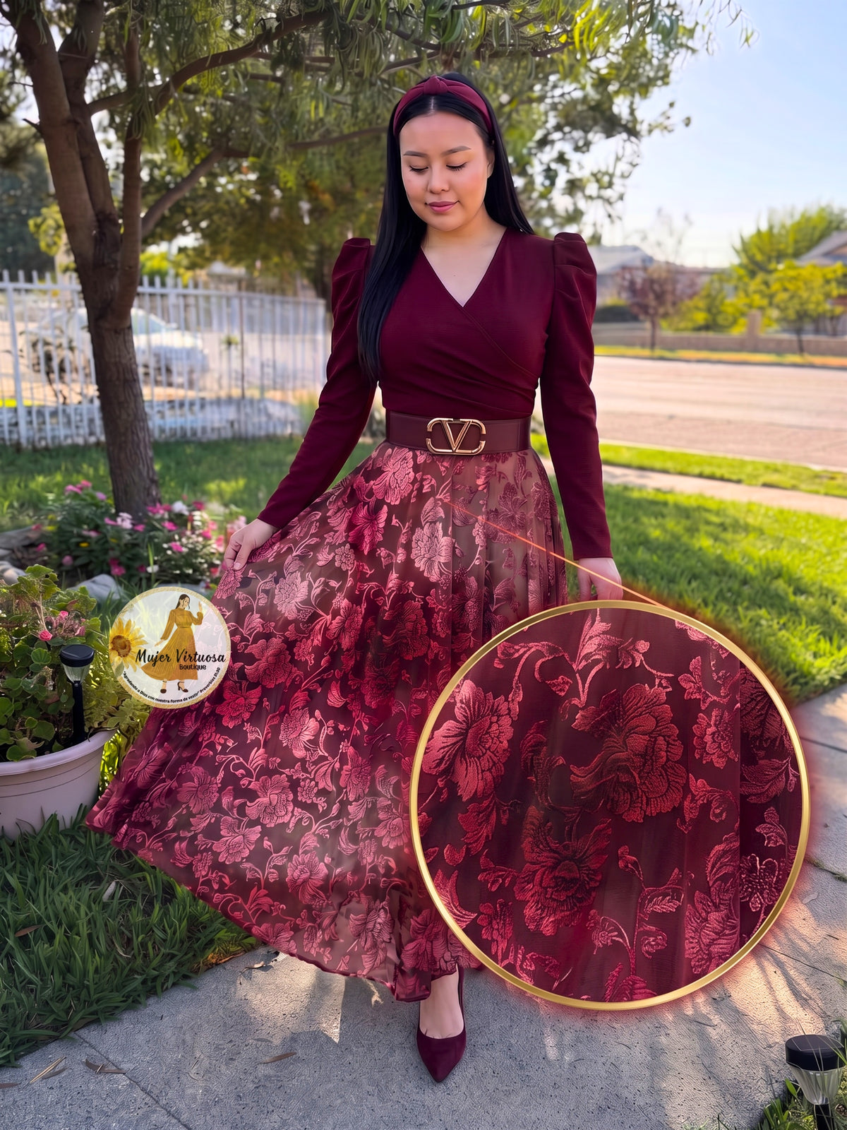 Larissa Burgundy & Velvet Floral Dress
