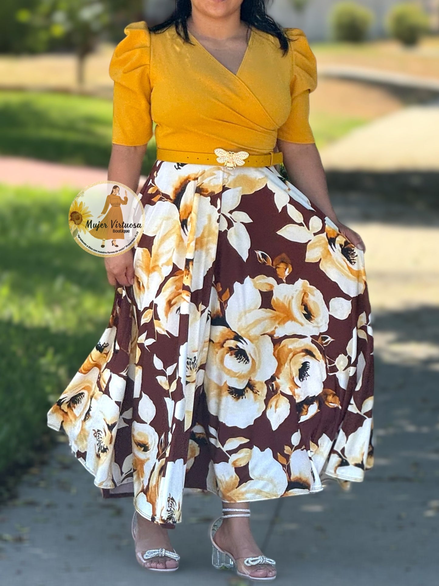 Mustard & Burgundy Floral Maxi Dress