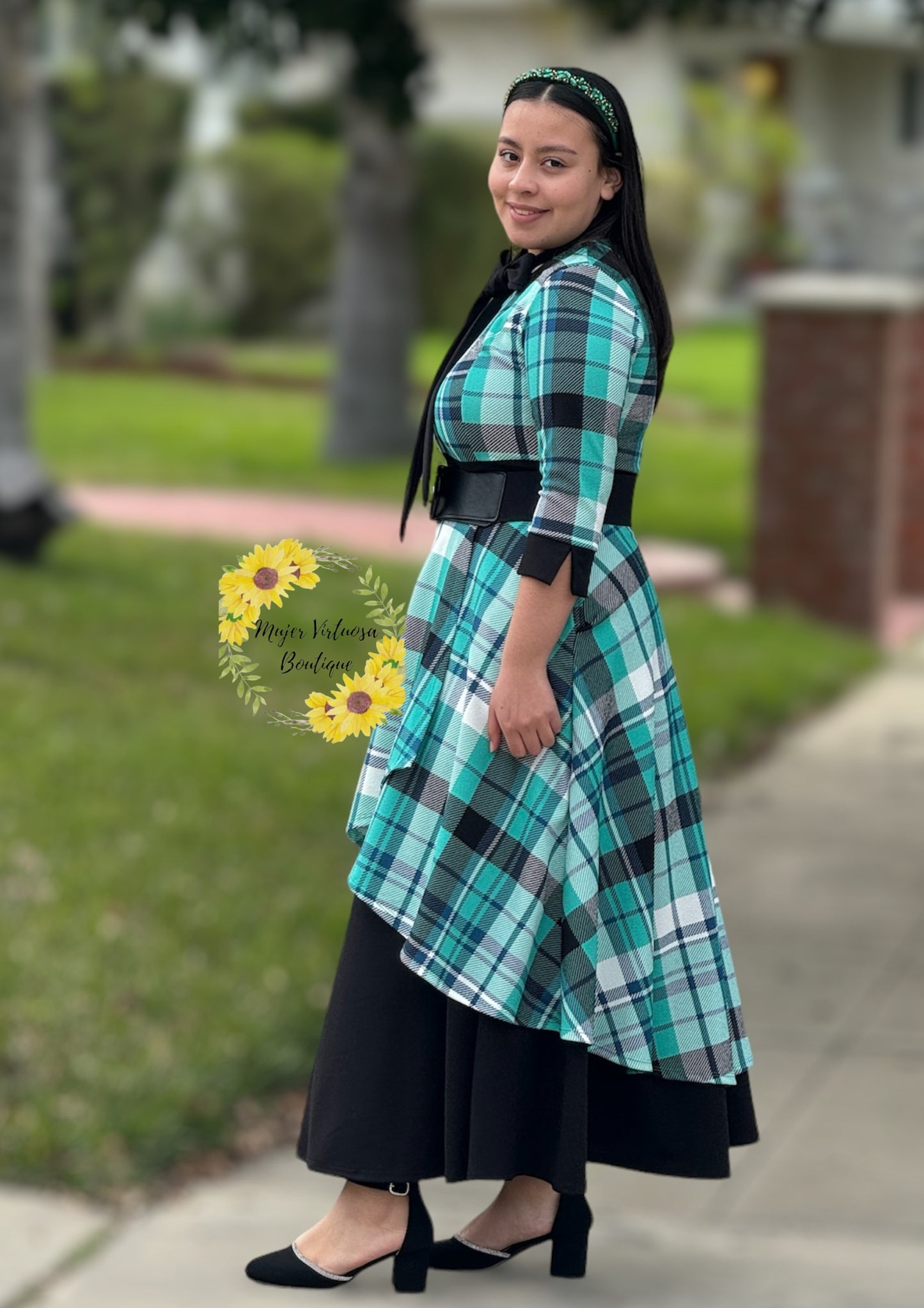 Oriana Menta Plaid Dress