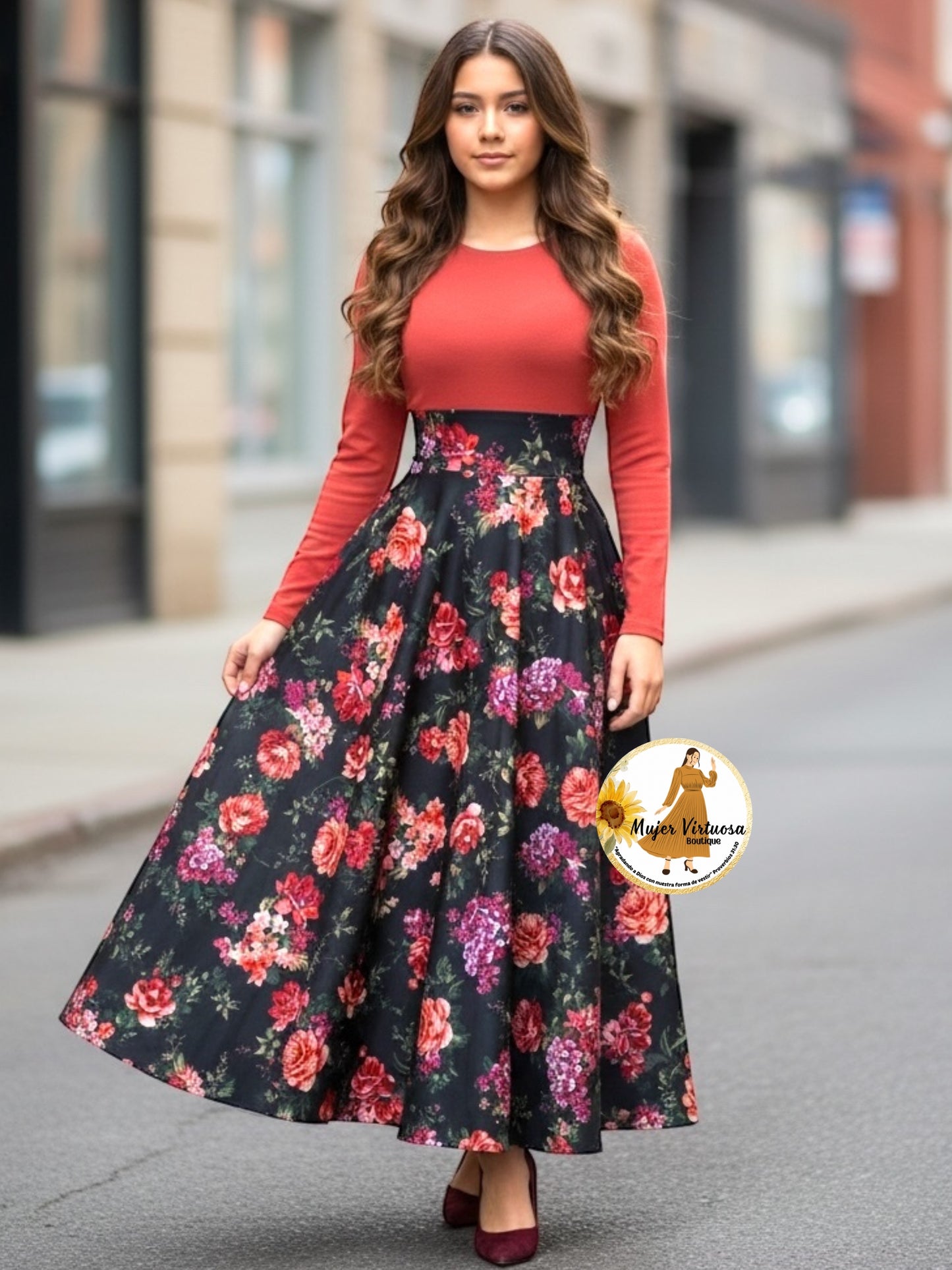 Alicia Rust & Black Floral Dress