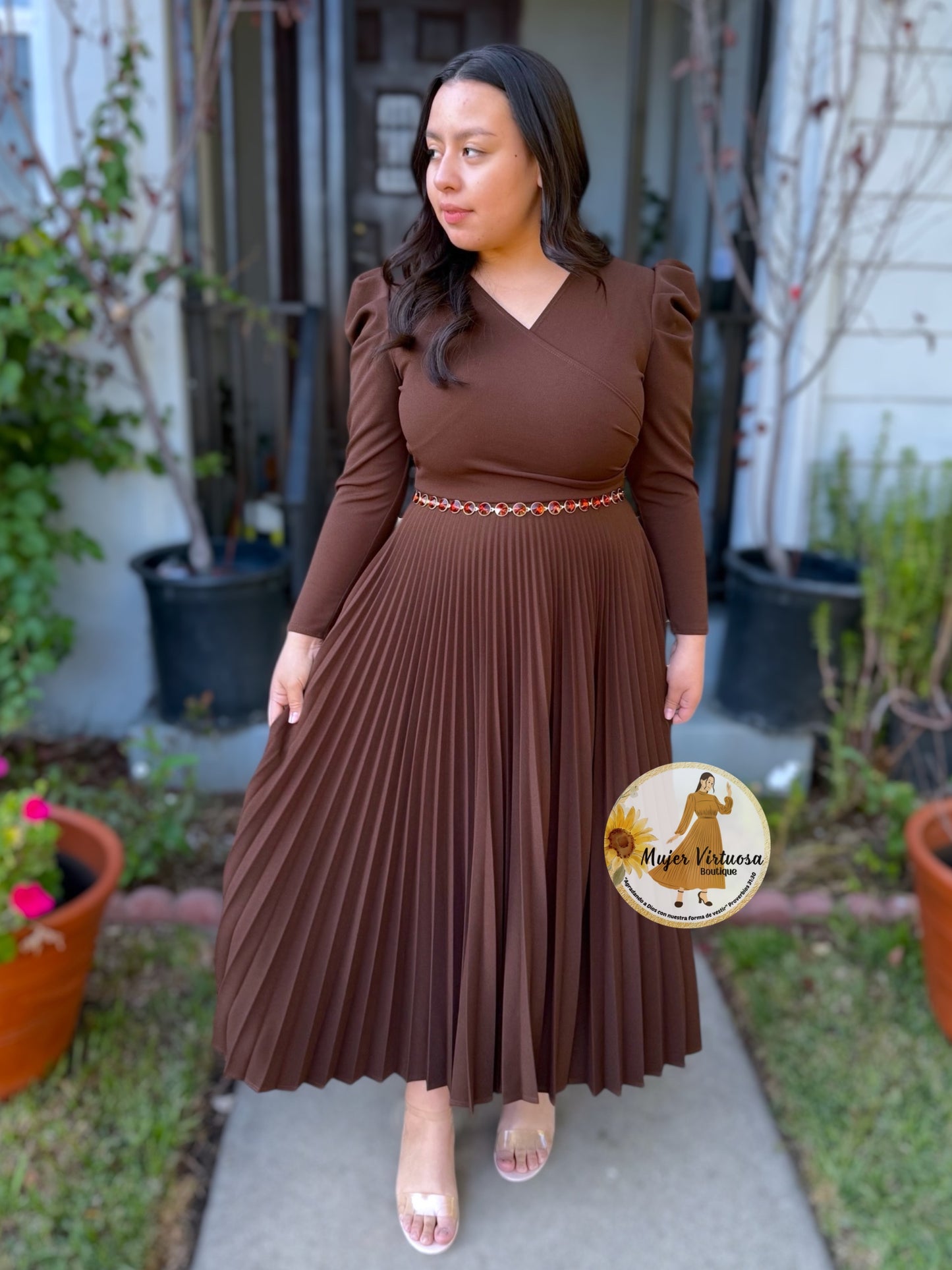 Yvette Brown Pleated Dress