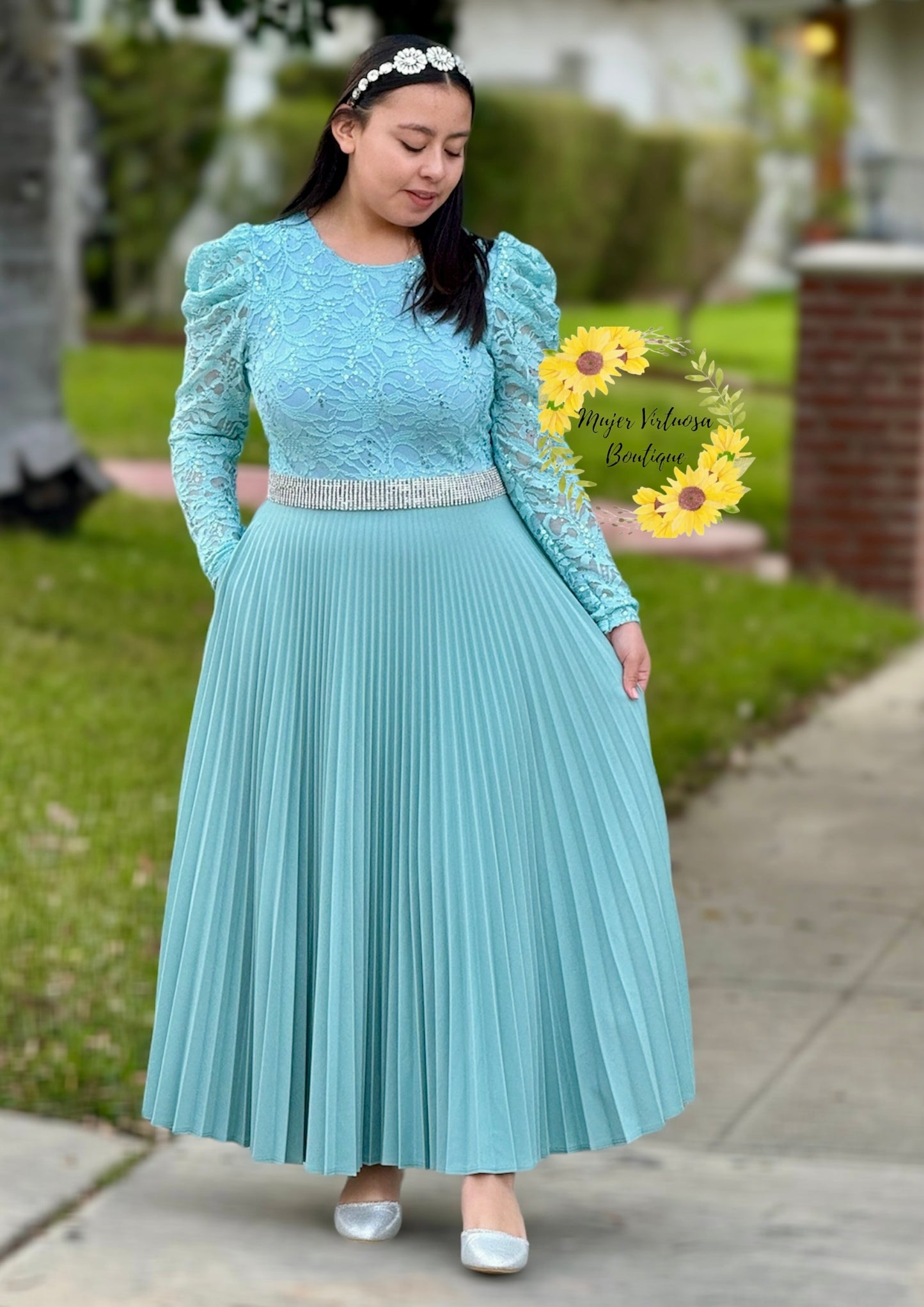 Ophelia Aqua Pleated Lace Dress