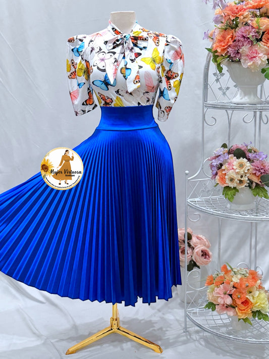 Alondra Royal Blue Satin Pleated Skirt