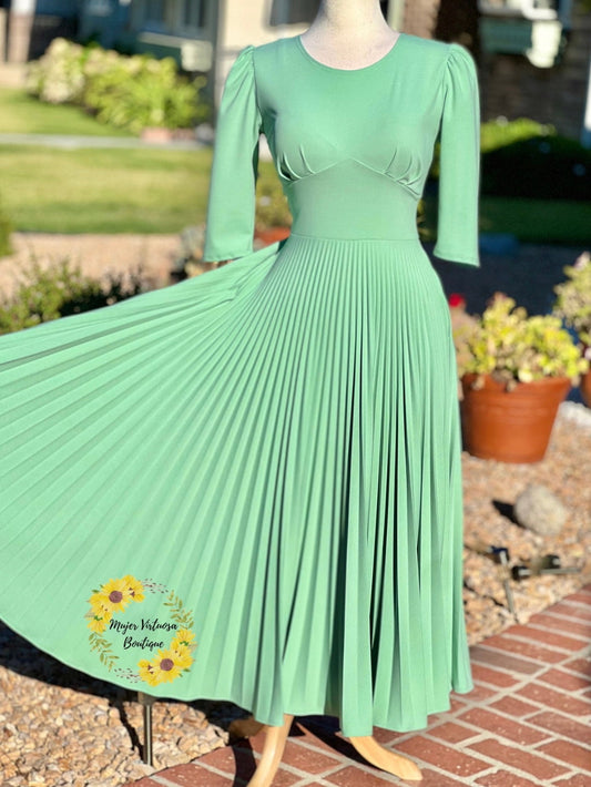 Cristel Pistacho Green Pleated Dress