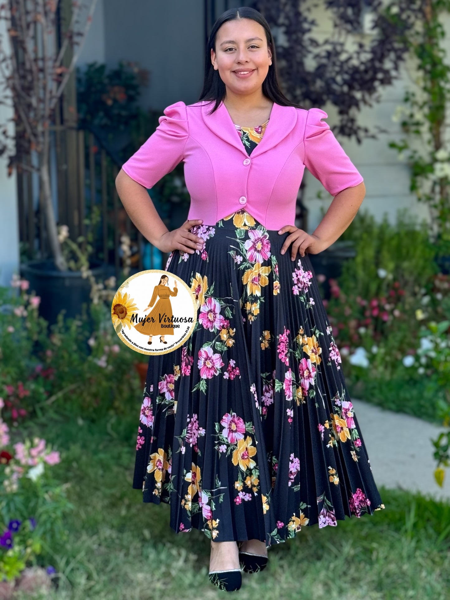Esther Pink/Black Floral Pleated Dress