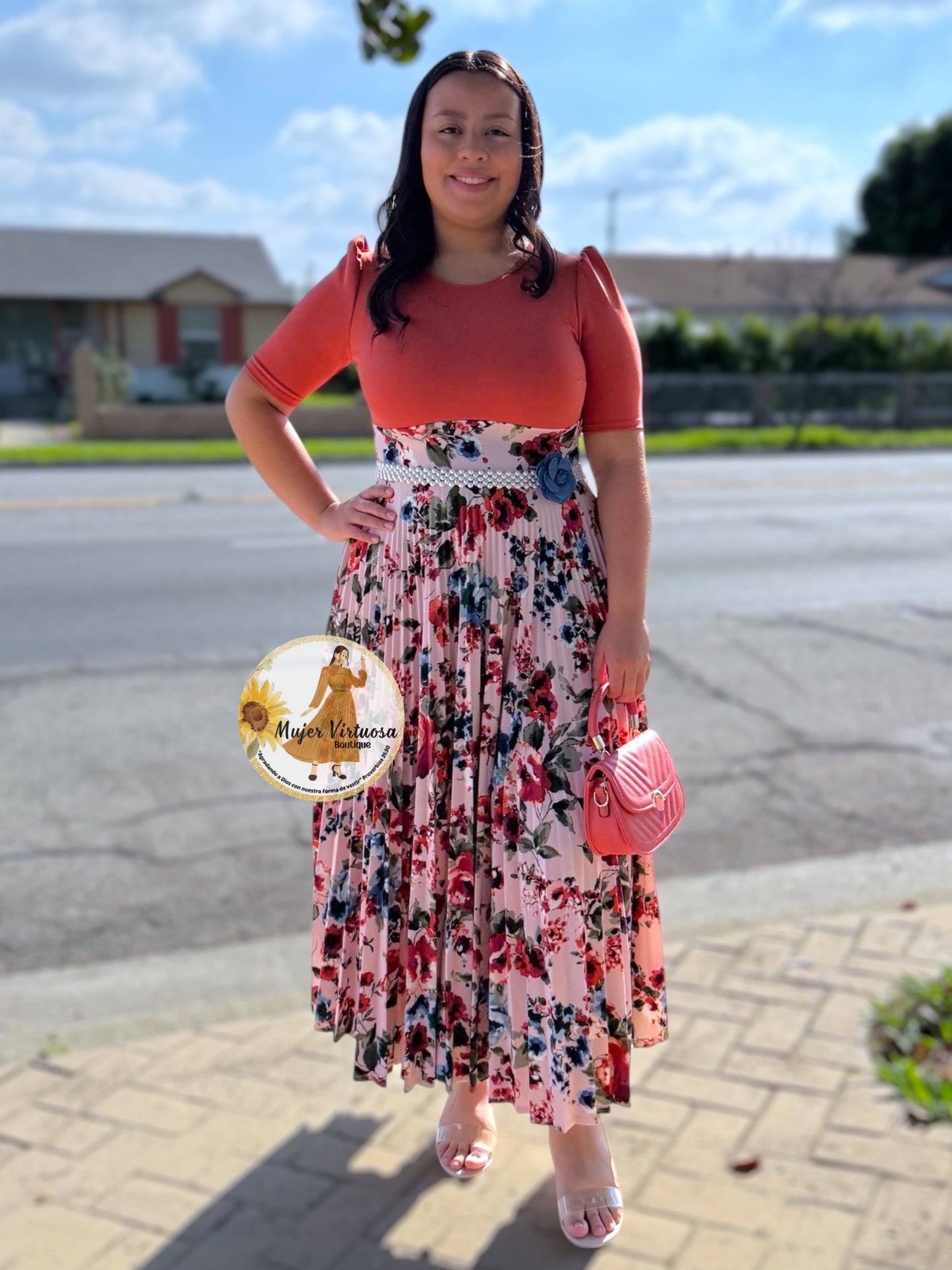 Eliana Rust & Pink Pleated Dress