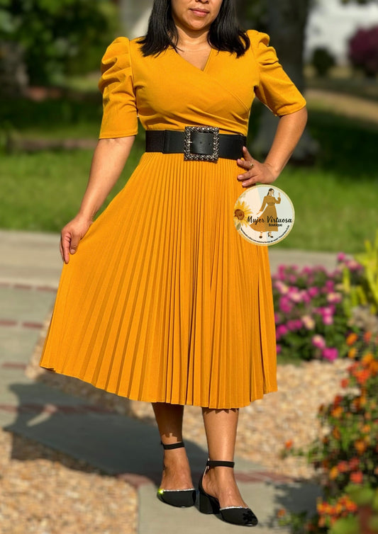 Mustard Pleated Midi Dress