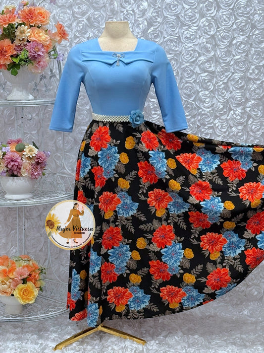 Alma Sky Blue/Black Floral Dress