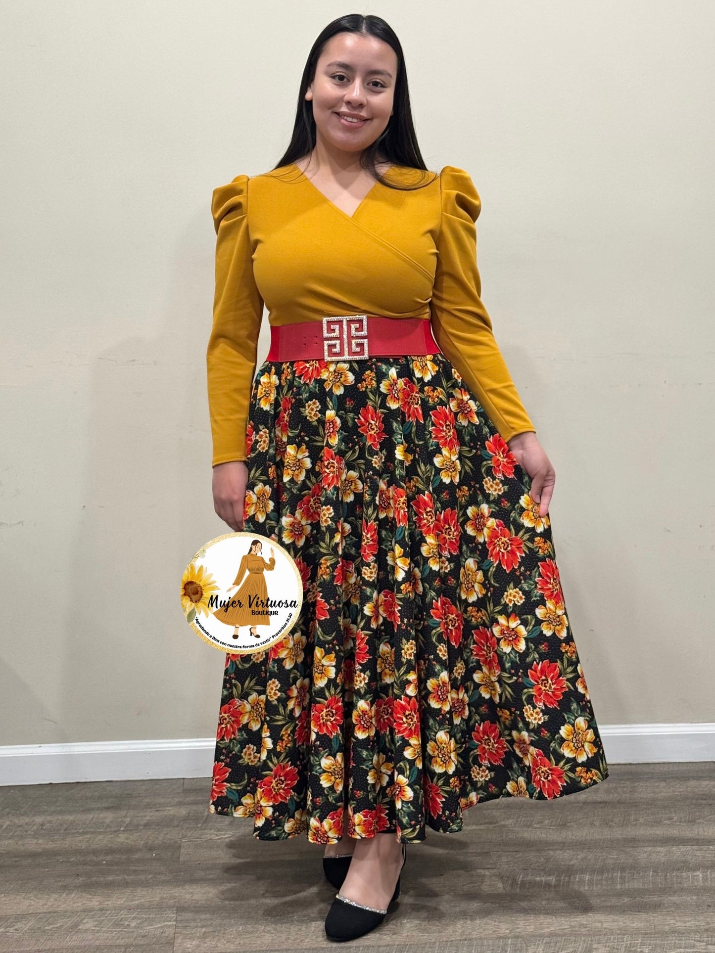 Larissa Mustard & Black Floral Dress