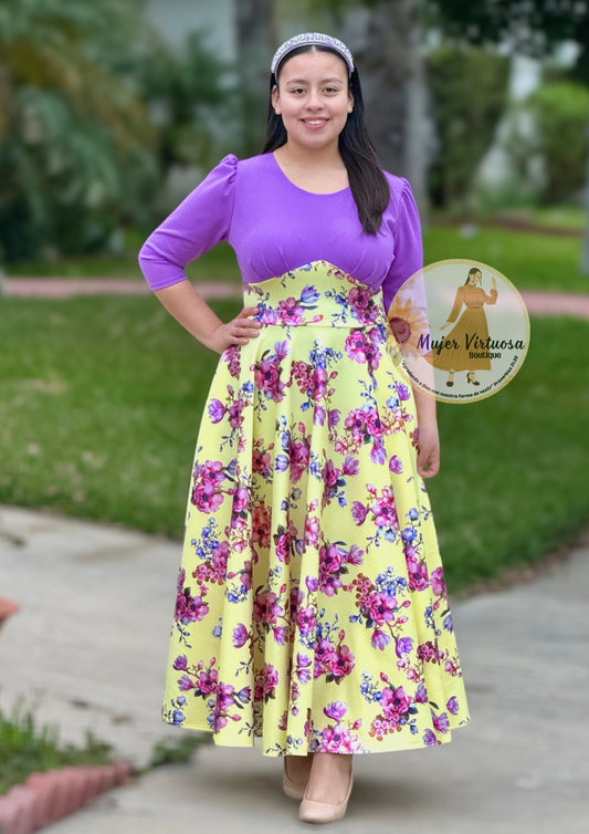 Cristel Purple & Yellow Foil Pleated Dress