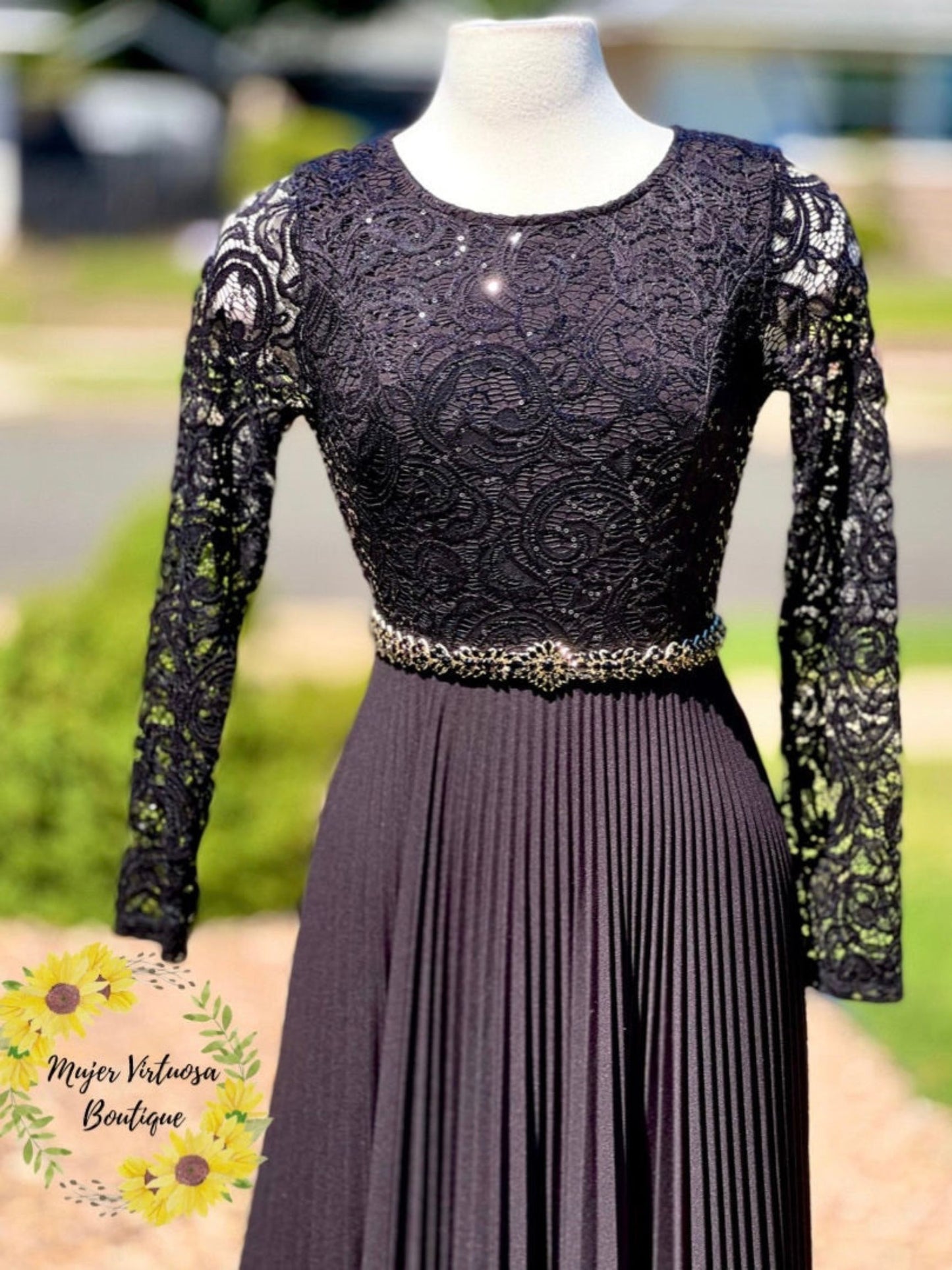 Alida Black Pleated Lace Dress