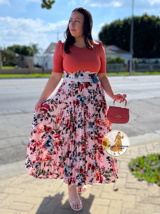 Eliana Rust & Pink Pleated Dress