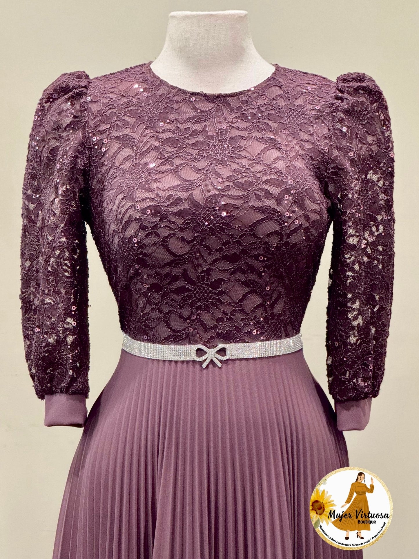 Ariana Dark Mauve Lace Pleated Dress