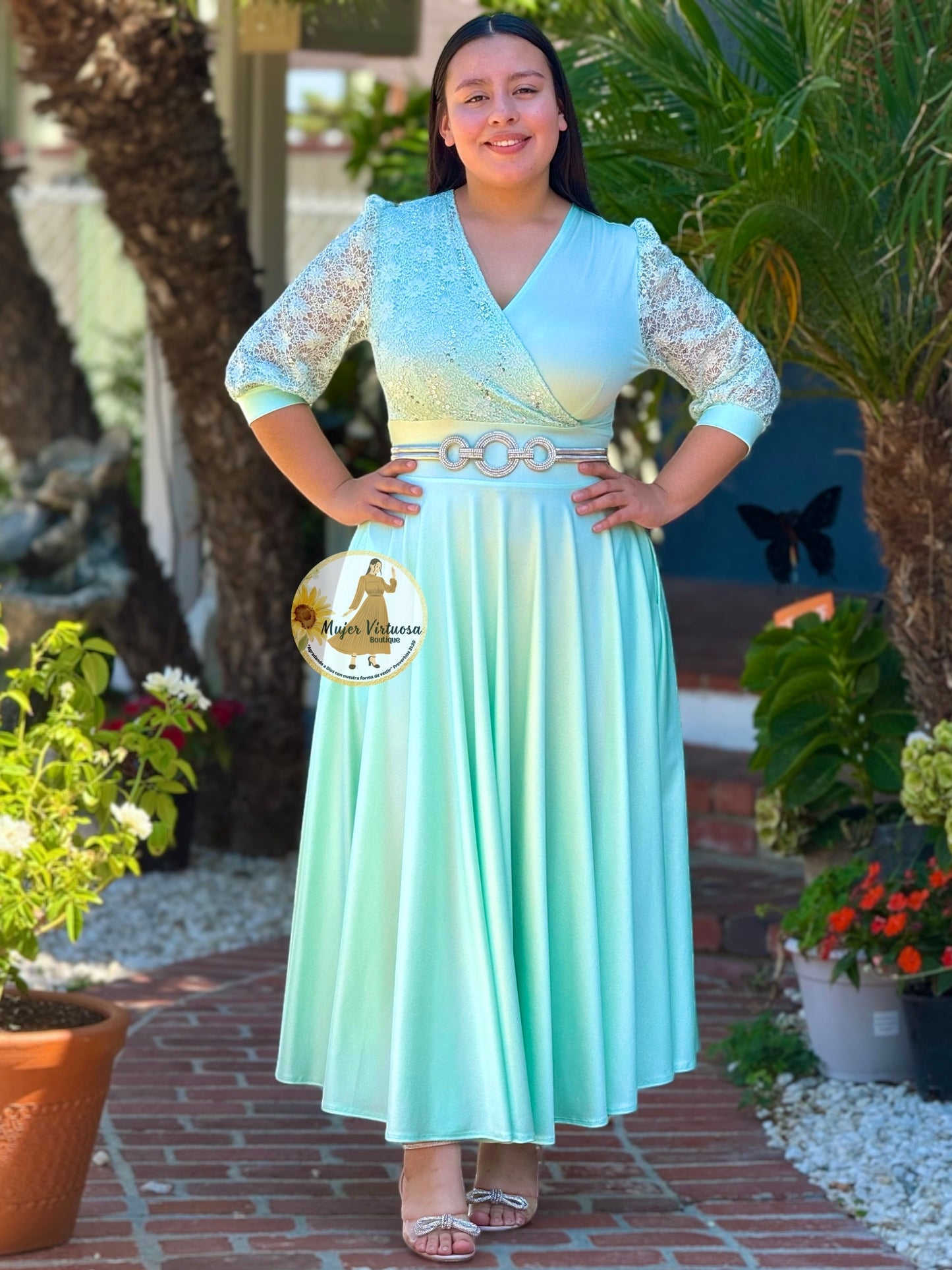 Charlotte Mint Green Satin Elegant Dress