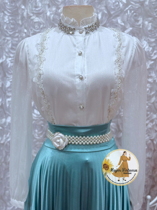 High Neck Collar White Blouse