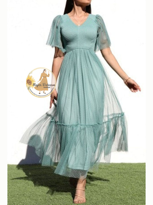 Candy Mesh Elegant Sage Dress