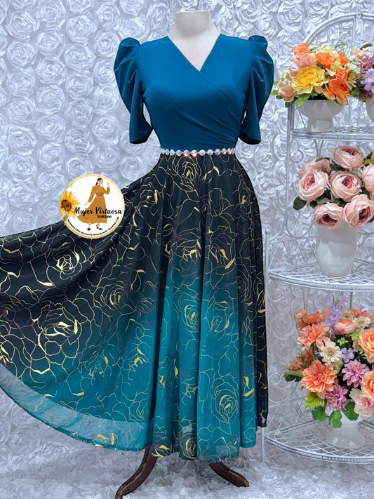 Susan Teal & Gold Ombre Mesh Dress