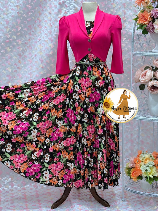 Milena Fucsia/Black Pleated Dress