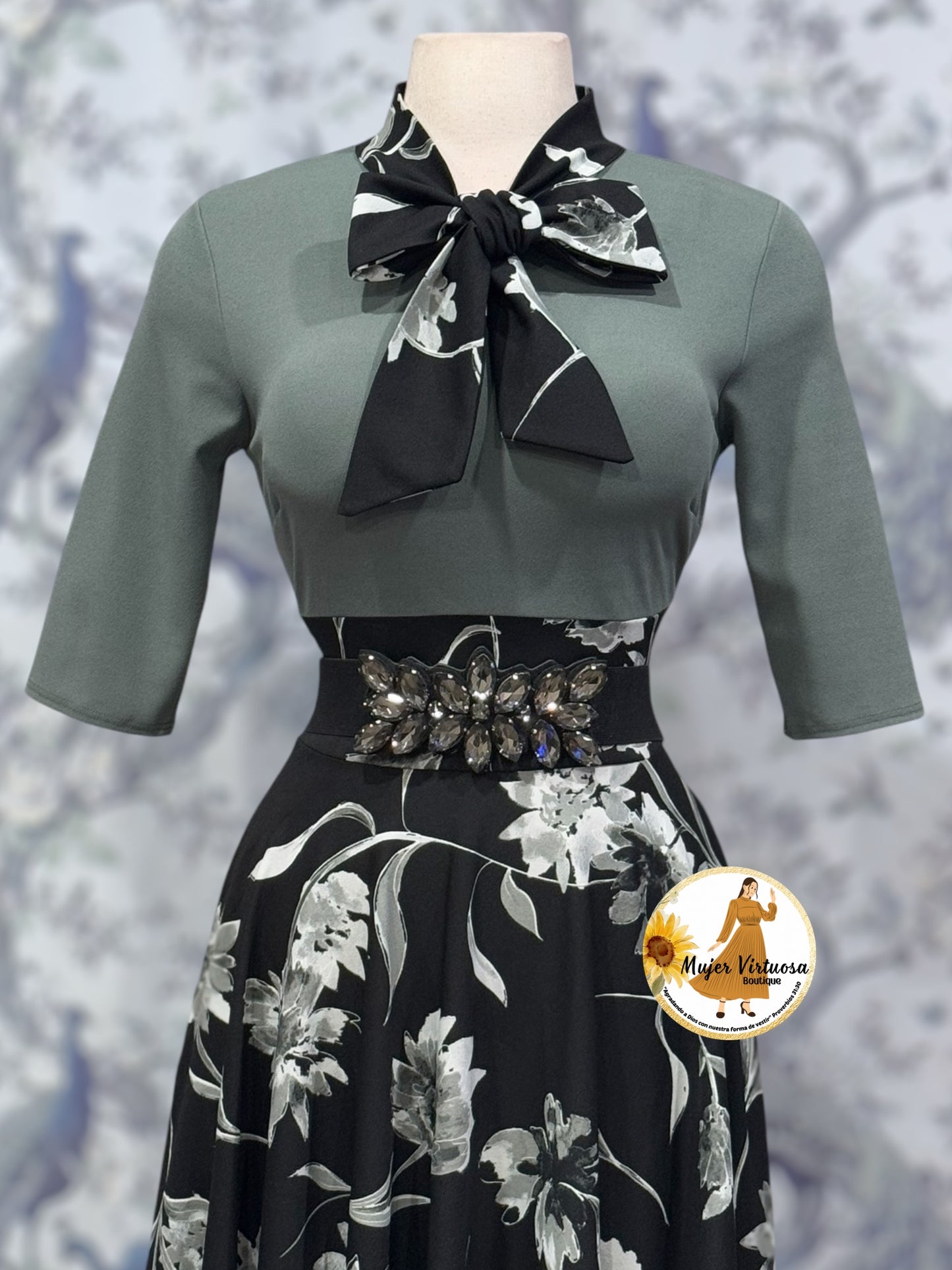 Grey & Black Bow Tie Floral Dress