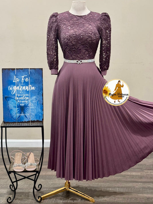 Ariana Dark Mauve Lace Pleated Dress