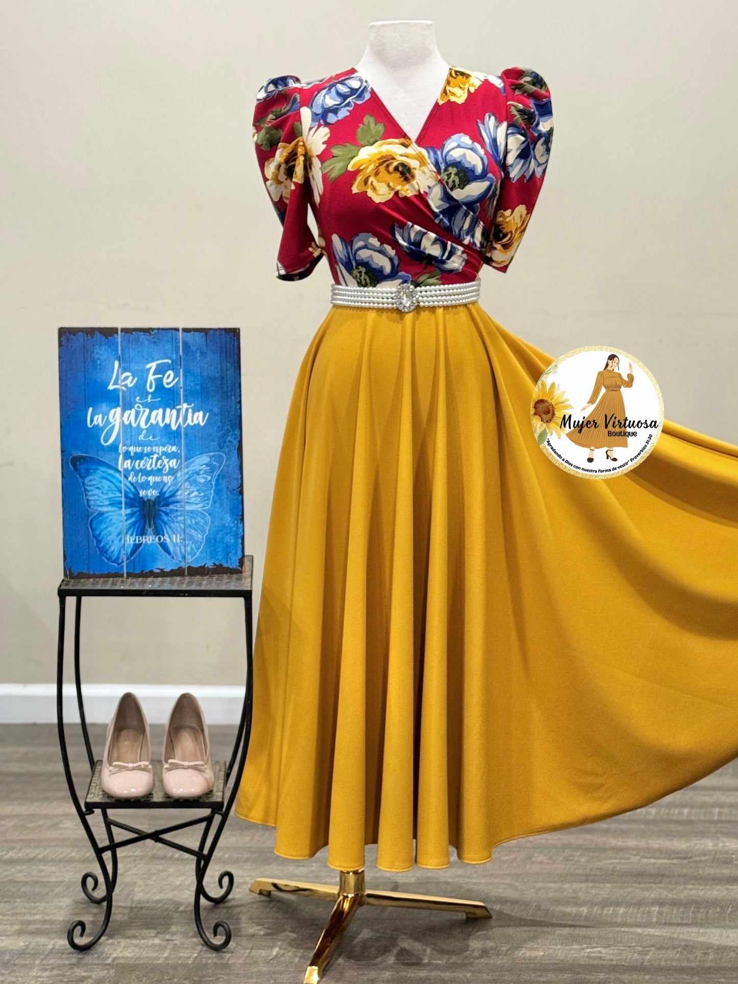 Susan Burgundy & Mustard Floral Dress