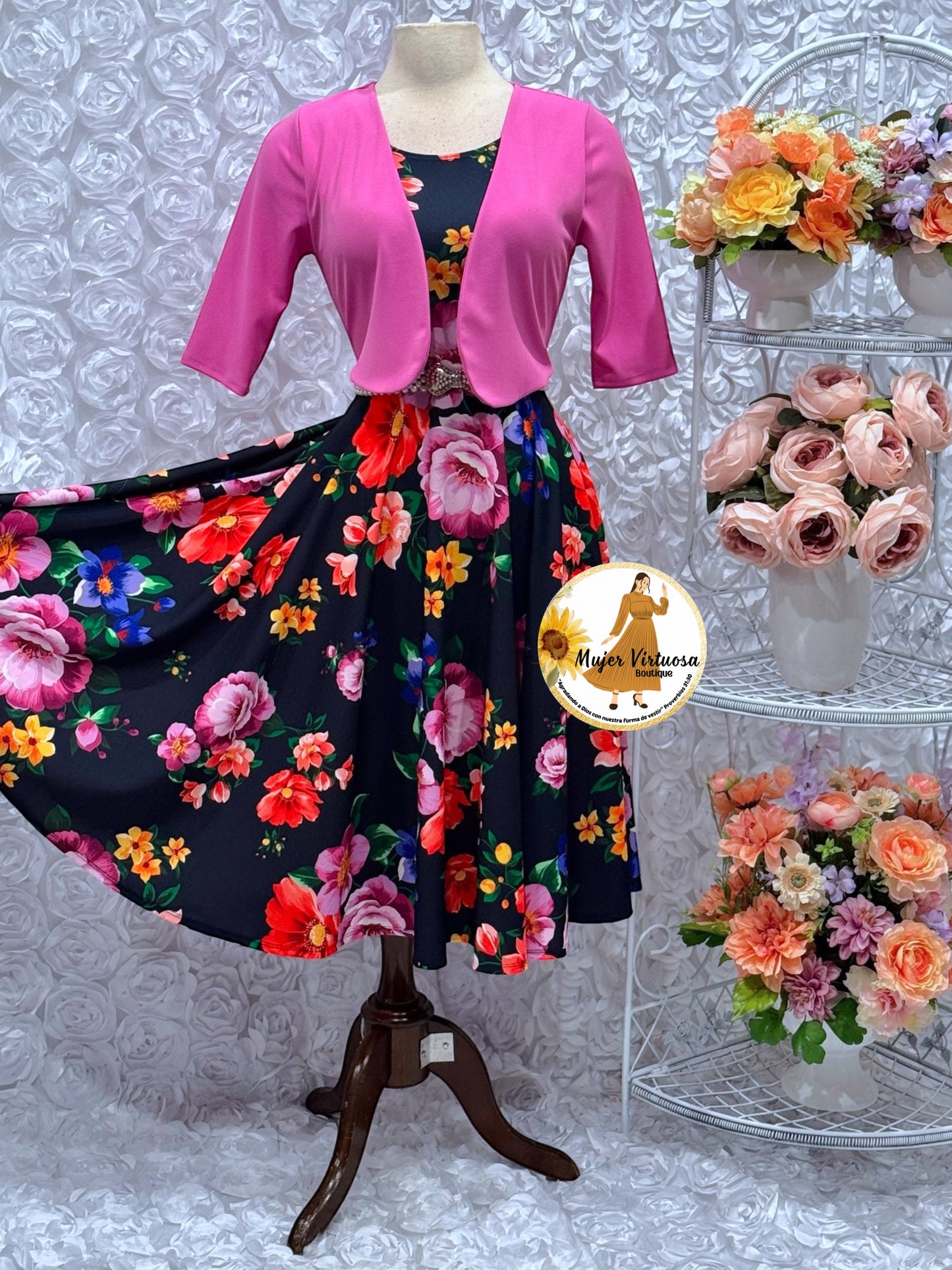 Clara Black/Pink Floral Midi Dress