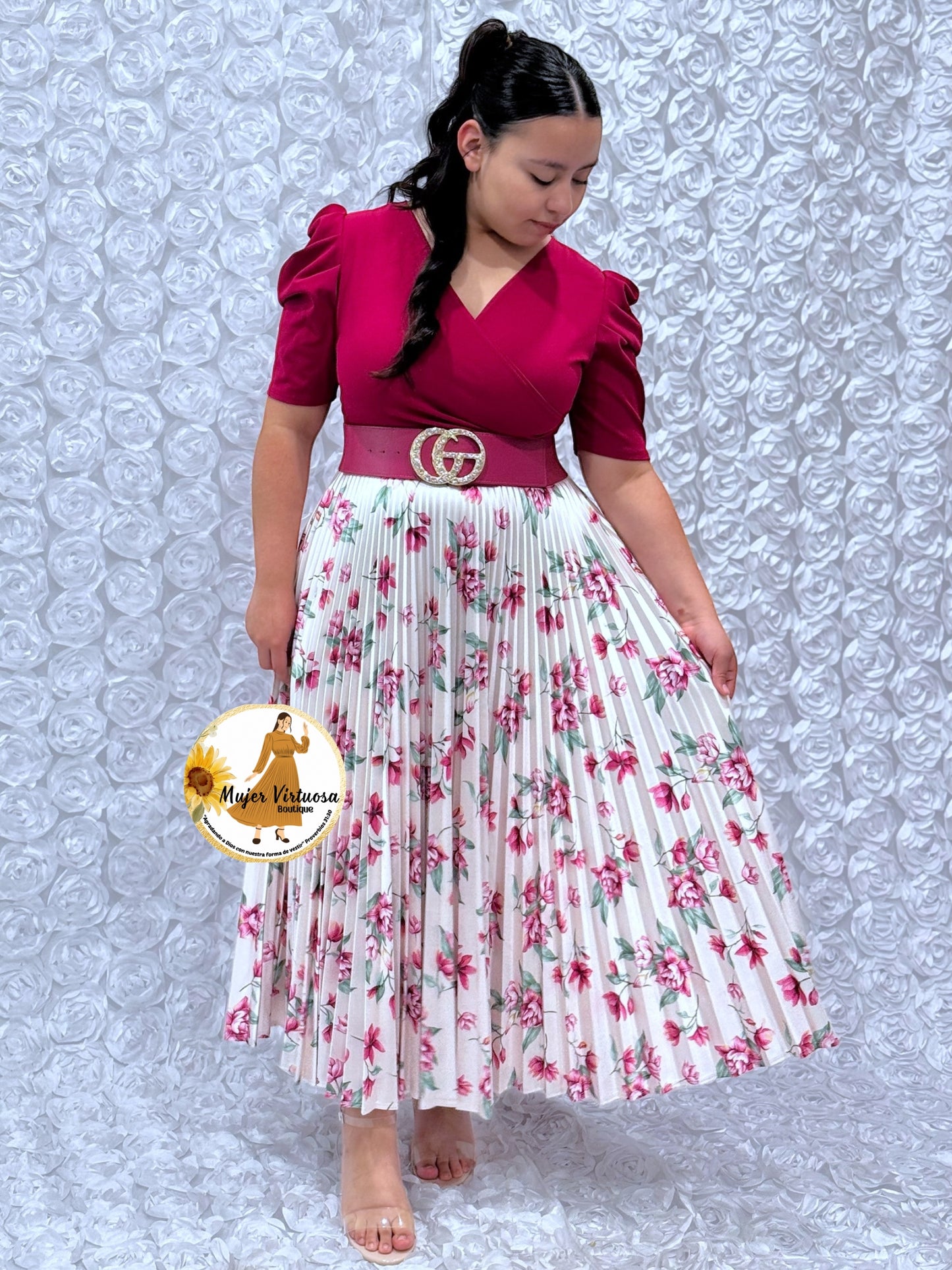 Magenta/White Crepe & Satin Pleated Dress
