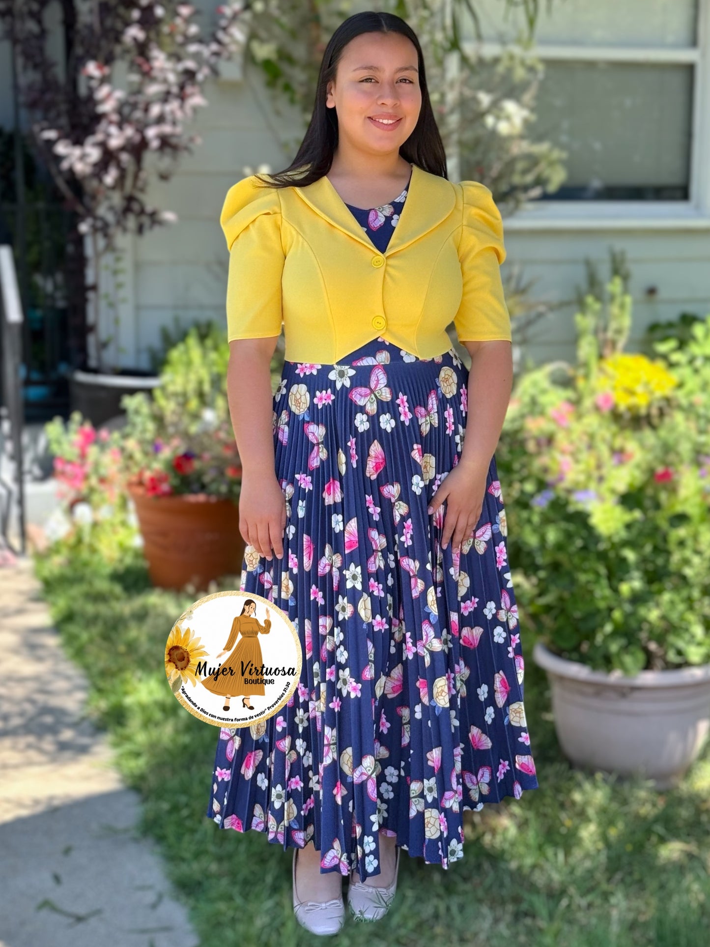 Esther Yellow/Blue Butterfly Pleated Dress