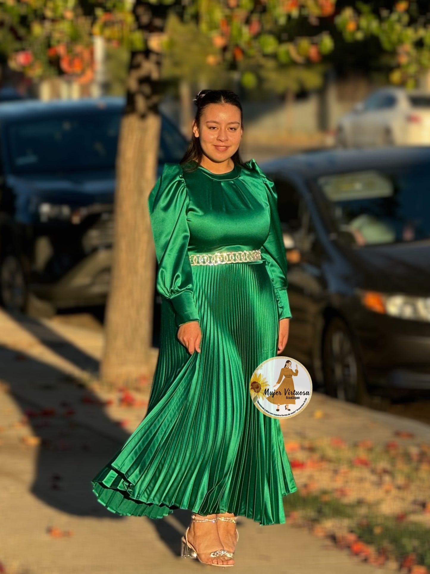 Litzy Kelly Green Satin Pleated Dress